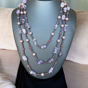 Best Jewelry Company Multi Strand Amethyst Bead & Faux Pearl Necklace Adjustable
